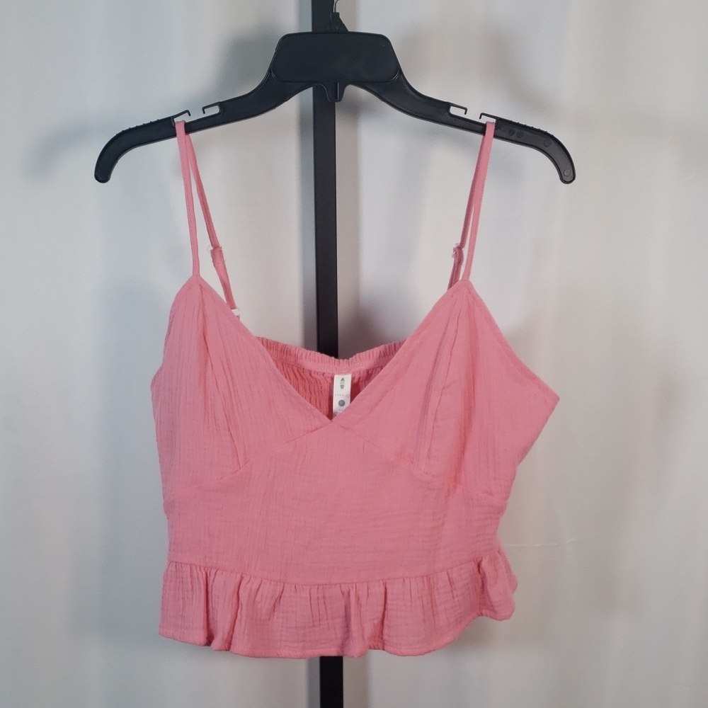 Fornia Pink Ruffle Hem Smocked‎ Cotton Back Crop Top SZ XL - NWT